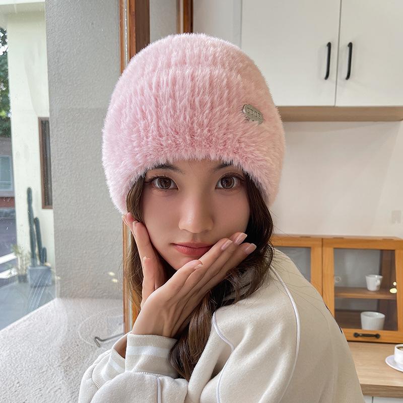 Knitted Wool Hat Children's Autumn and Winter Versatile Face Small Thickened Warm Fluffy Cold Hat Windproof Bag Head Plush Hat