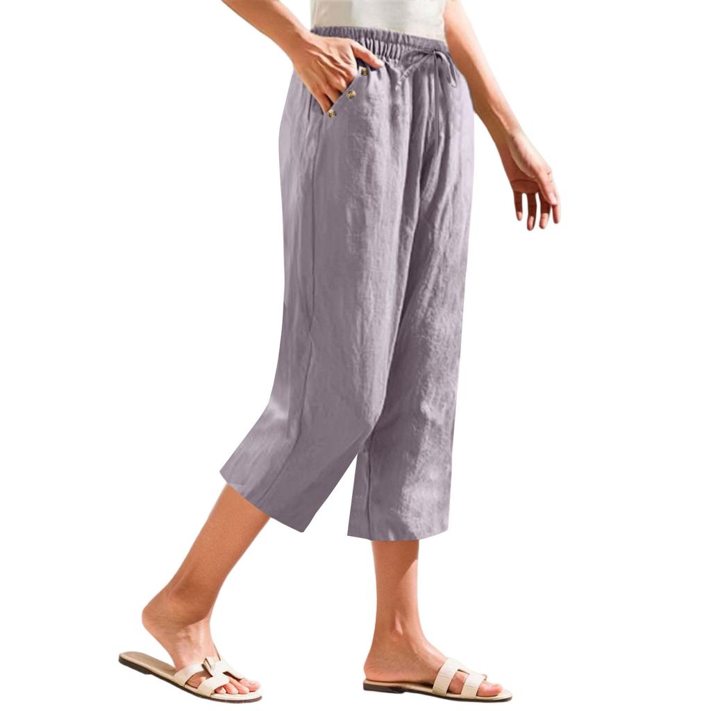 Women's Fashionable Loose-Fit Pocket Cotton-Linen High-Waisted Wide-Leg Pants Casual Cropped Trousers