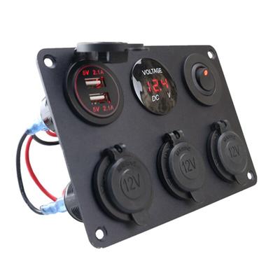 Panel de aluminio 6 en 1, toma de corriente de 12V, toma de corriente de 4,2a, cargador USB Dual, voltímetro LED, interruptor de palanca para RV marino