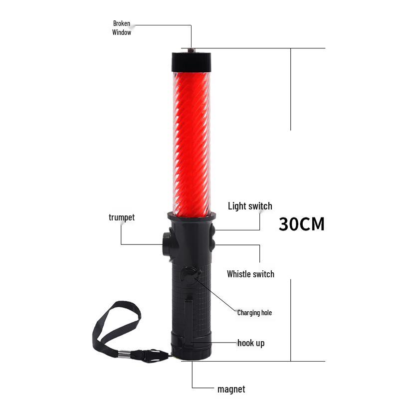 30CM LED Traffic Baton with Rechargeable Multifunctionality: Warning Light, Window Breaker, and Beeping Speaker
