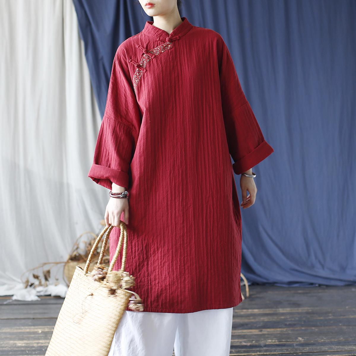 

Johnature Женские платья в китайском стиле с рукавами-стойками и рукавами «летучая мышь» из винно-красного лоскутного цвета, осеннее платье One Size бордовый