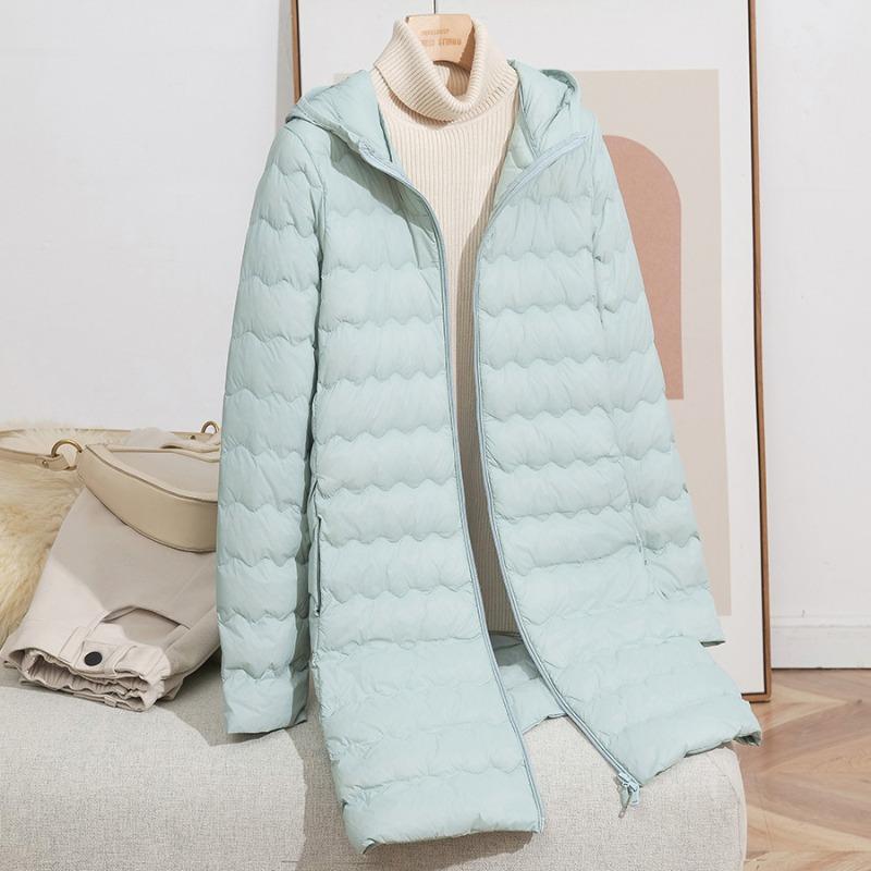 Autumn and Winter New Fashion Hooded Wavy Medium and Long Light Down Jacket Women's Zipper Jacket Warm Tide