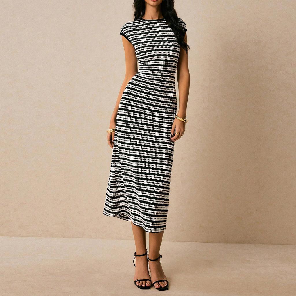 Women's Fashionable Casual Color Blocked Striped Waist Cinched Round Neck Short Sleeved Long Dress