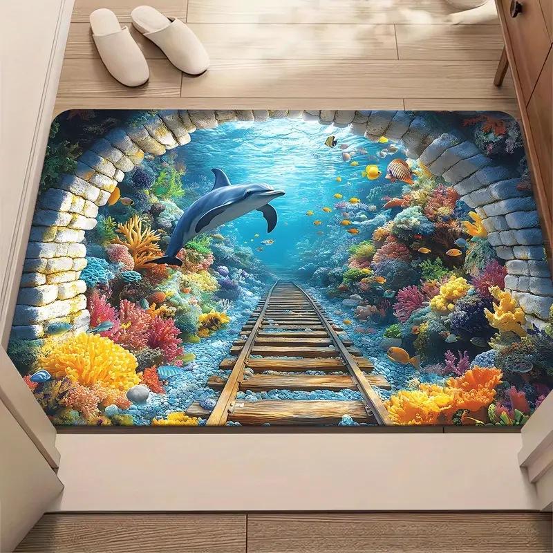 3D Optische Illusion Teppich Realistischer Fischteich Bereichsteppich Waschbar Goldfischteich Fußmatte Rutschfest
