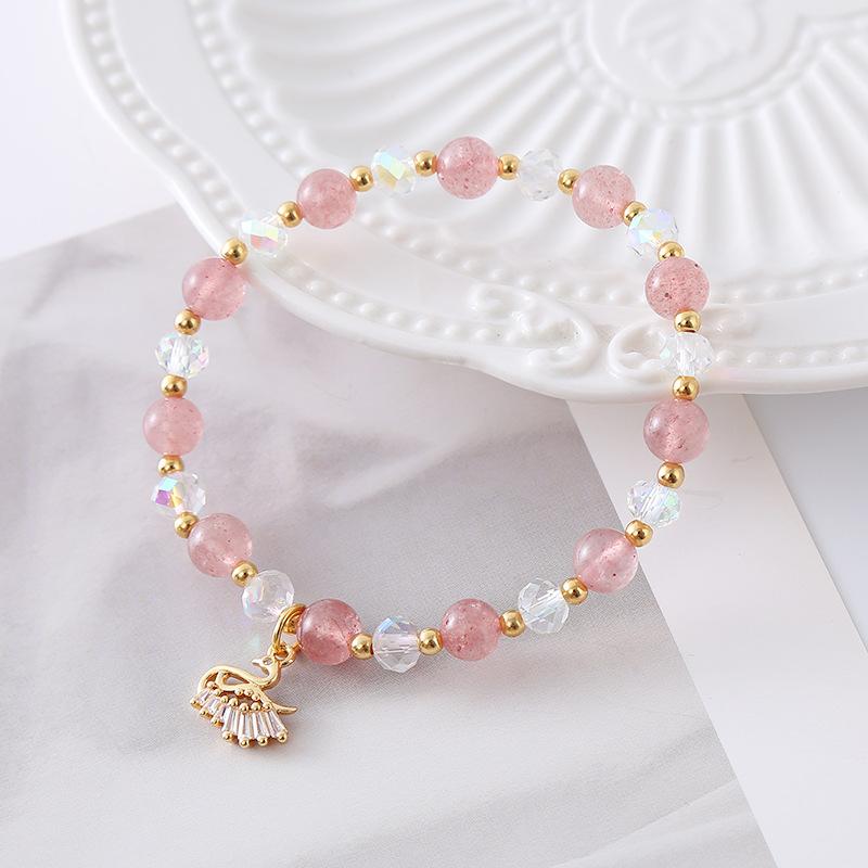Natural Strawberry Crystal Bracelet Cute Swan Pink Jewelry Bangles Women Fashion Jewelry Accessories Gift