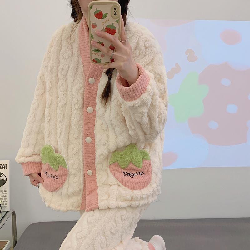 Women's Autumn & Winter Jacquard Coral Fleece Pajamas, Cute V-Neck Cardigan, Thick & Cozy Home Wear