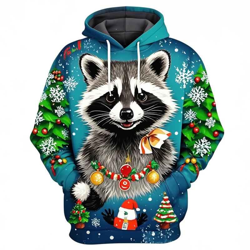 Cute Raccoon Graphic Sweatshirts Harajuku Fashion Christmas Hoodies For Men Female Clothes Tracksuit Boys Pullovers Kids Tops