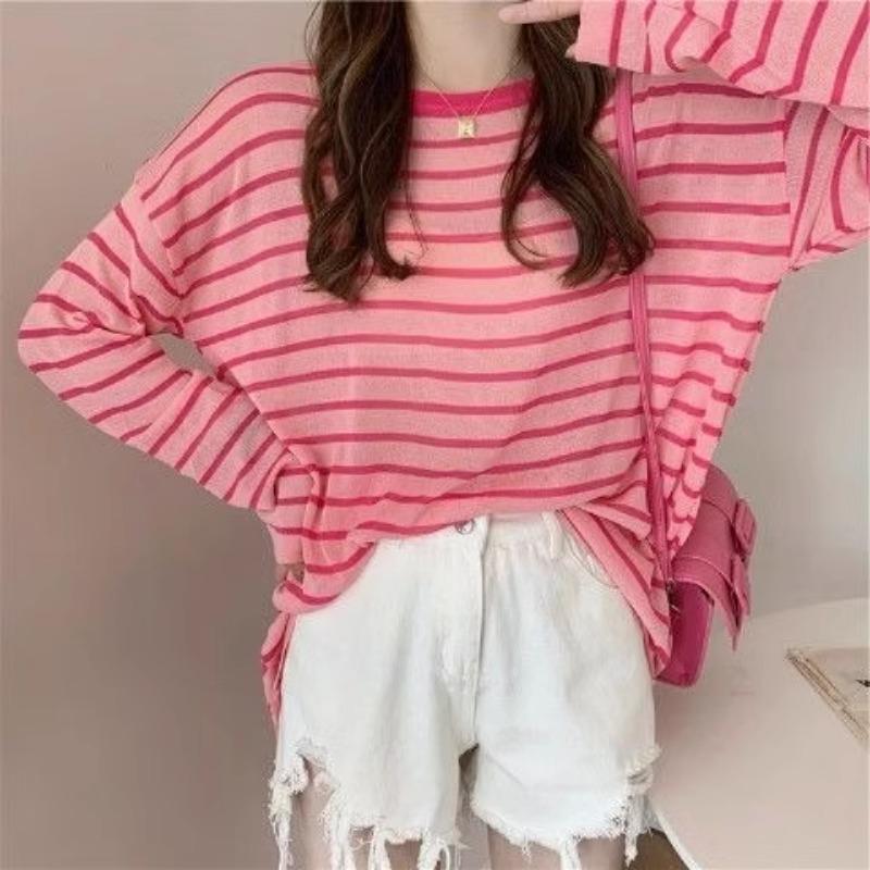 DIMANAF 2025 Летняя женская прозрачная полосатая солнцезащитная пляжная футболка Базовые новые модные топы футболки повседневные свободные футболки One Size розовый