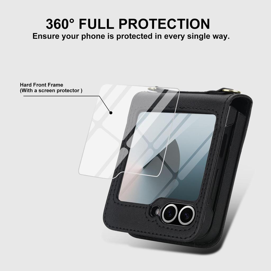 Samsung Flip6/7 Leather Crossbody Phone Case with Card Slot & Tempered Film Protection