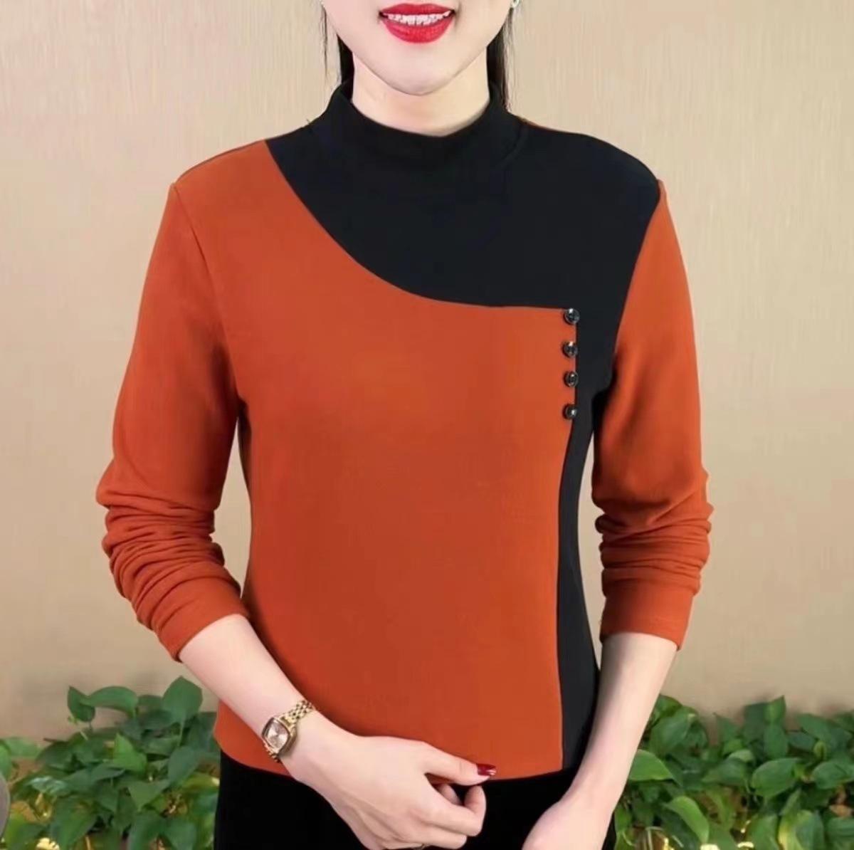 

Autumn and winter new fashion bottoming shirt long-sleeved round neck color matching button design sense age-reducing loose double-sided velvet 4XL помаранчевий