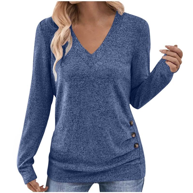 Womens Long Sleeve V Neck Solid Color T Shirt With Buttons Elegant Top