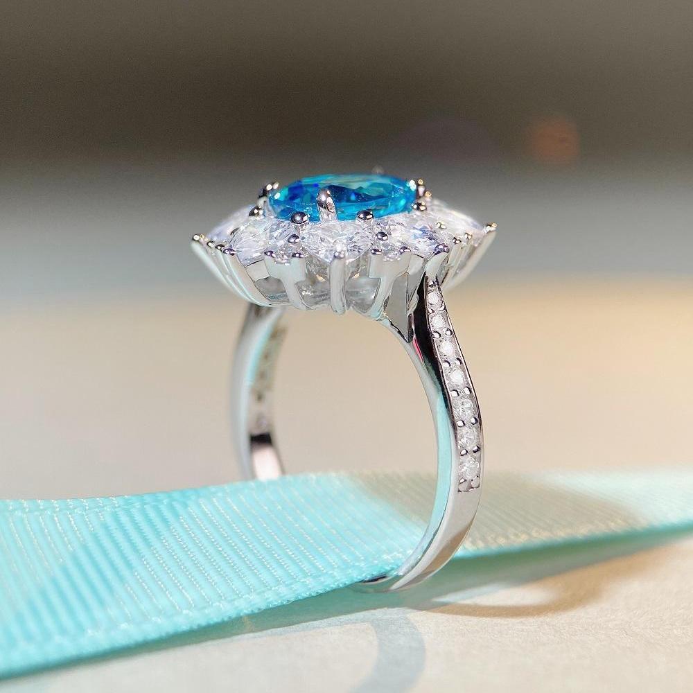 S925 Sterling Silver Women's Aquamarine & Zircon Ring with High Carbon Diamonds In Luxury Setting, European & American Cross-Border Style.