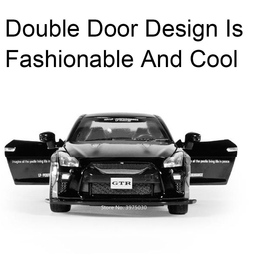 APU1  1/32 Scale Alloy Diecast Nissan GTR Sport Car Model Toy Doors Opend Pull Back Sound Music Miniature Vehicle Kid Gifts Collection