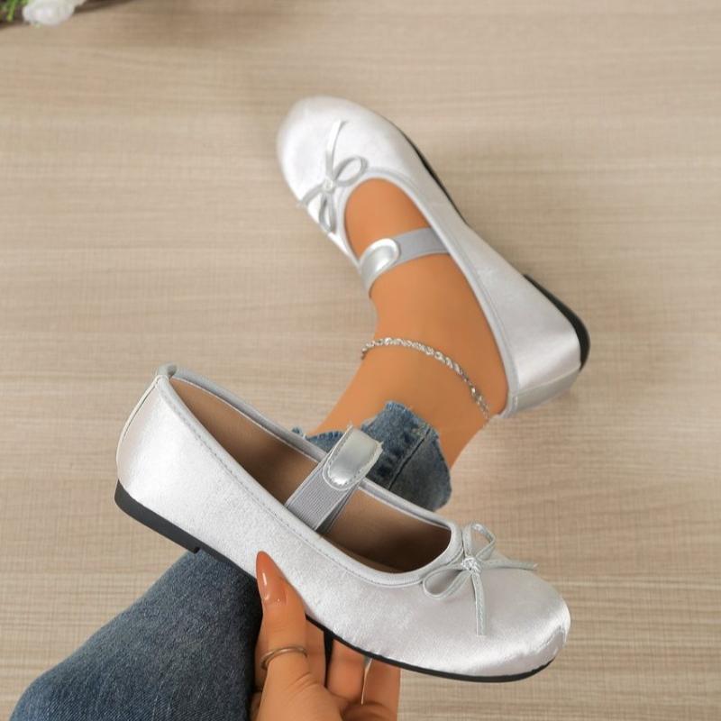 Fashion 2025 Women's Mary Jane Shoes Ballet Flats Female Bow Silk Satin Shoes Round Toe Flat Women Plus Size Shallow Mouth Shoes