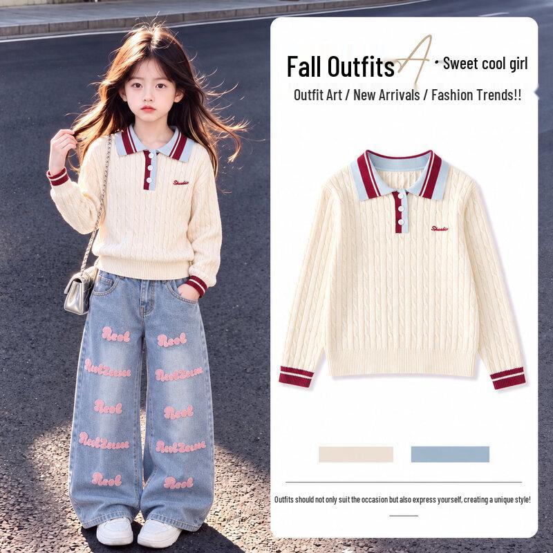 Moonkids Girls' Autumn Casual Polo Collar Knit & Denim Set