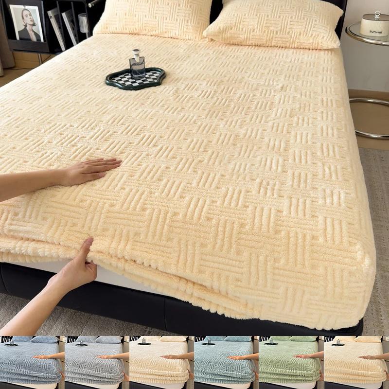 3PCS Bedding Set Soft Warm Plush Mattress Protector Cover Thick Milk Velvet Striped Fitted Sheet Fluffy Luxury Bed Cover
