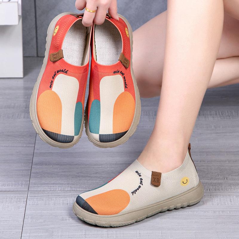 Ladies' Thick Soled Painted Cloth Shoes, Women's Casual Flyknit Thick Soled Single Shoes, Breathable Soft Soled Shoes