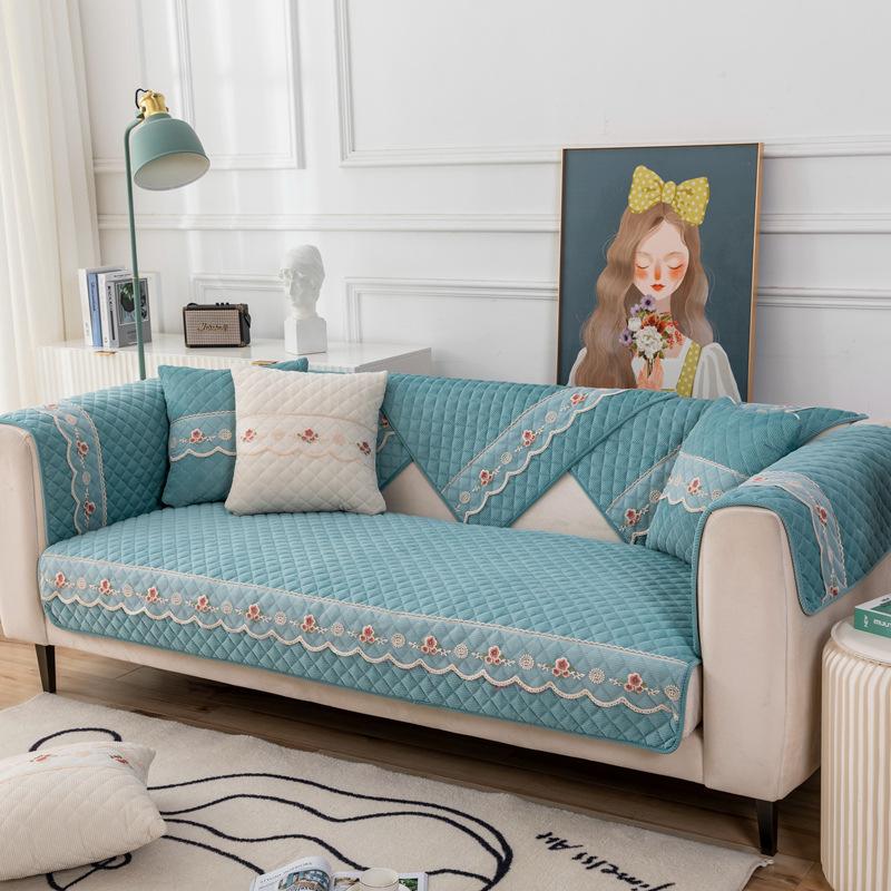 Sofa Cushion Plush Non-slip Thicken Sofa Cover Cushion Flannel Sofa Cover Universal Solid Color Lace Dust-proof Sofa Seat Cover