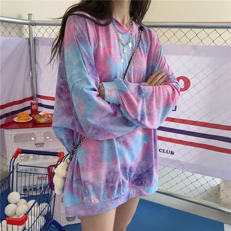 Women Casual Loose Tie Dye Mid Length Crew Neck Long Sleeve Sweatshirt Coat