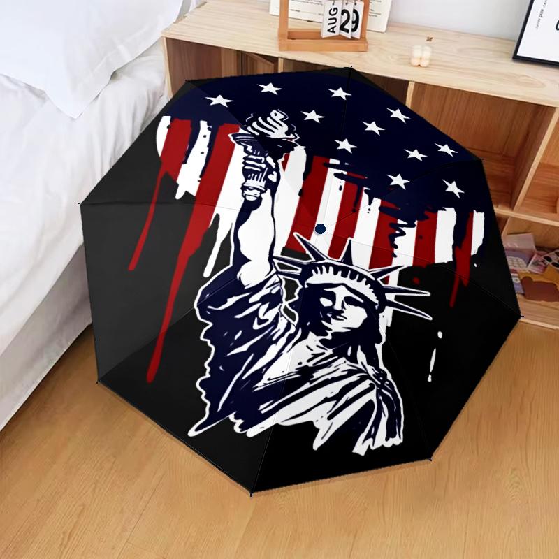 Liberty Statue With American Flag Umbrella Folding Umbrella, Automatic Umbrella 8-Frame for Travel, Camping Use Gift for Halloween Christmas