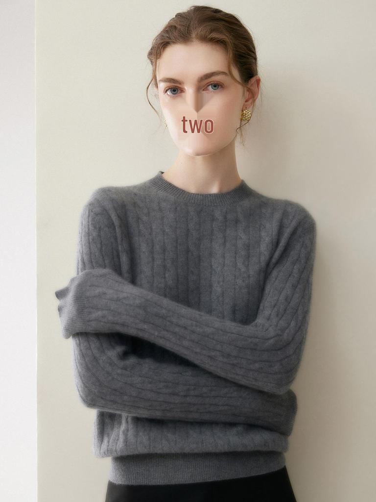 Women's 100% Pure Cashmere Round Neck Cable Knit Sweater for Autumn/Winter