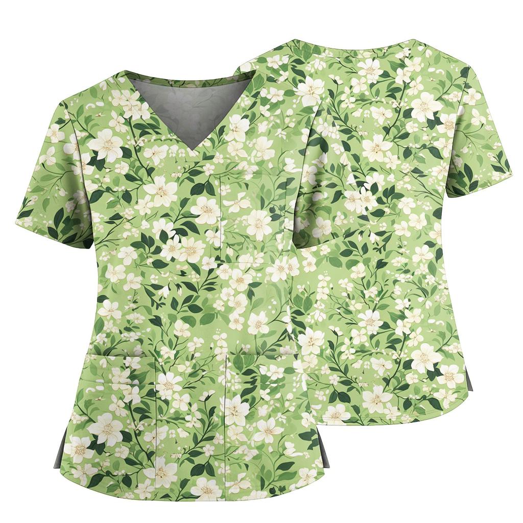 Damen Casual Bedrucktes V-Ausschnitt Taschen Seitennaht Schlitz Kurzarm Top