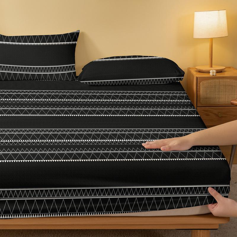 1 Simple Modern Geometry Printed Matte Fitted Sheet, Bedroom Printed Bed Cover, Bedding (Excluding Pillowcases)