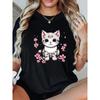 Süßes Kätzchen & Pfotenabdruck T-Shirt - Lässige Rundhals-Kurzarmbluse mit & Blumenmustern, Waschmaschinenfestes Haustierliebhaber-Outfit