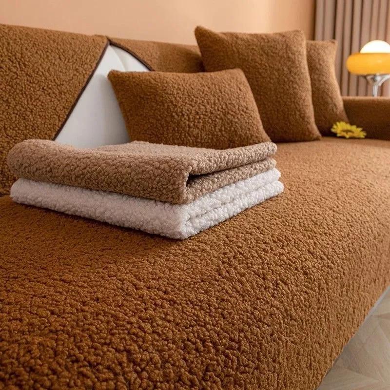 Modern Lamb Plush Light Luxury Sofa Cushion Velvet Living Room Winter Warm Seat Mat Anti Slip Couch L Shape Sofa Back Covers