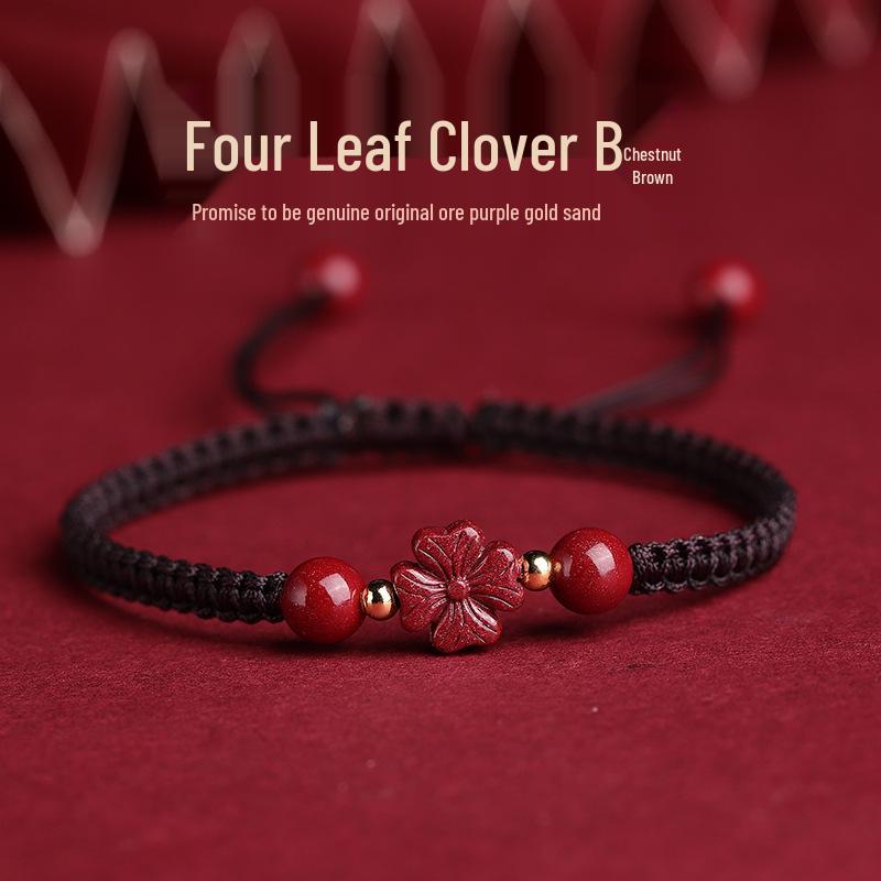 Authentic Cinnabar Four-Leaf Clover Bracelet with Purple Gold Sand and Red Rope for Women and Children