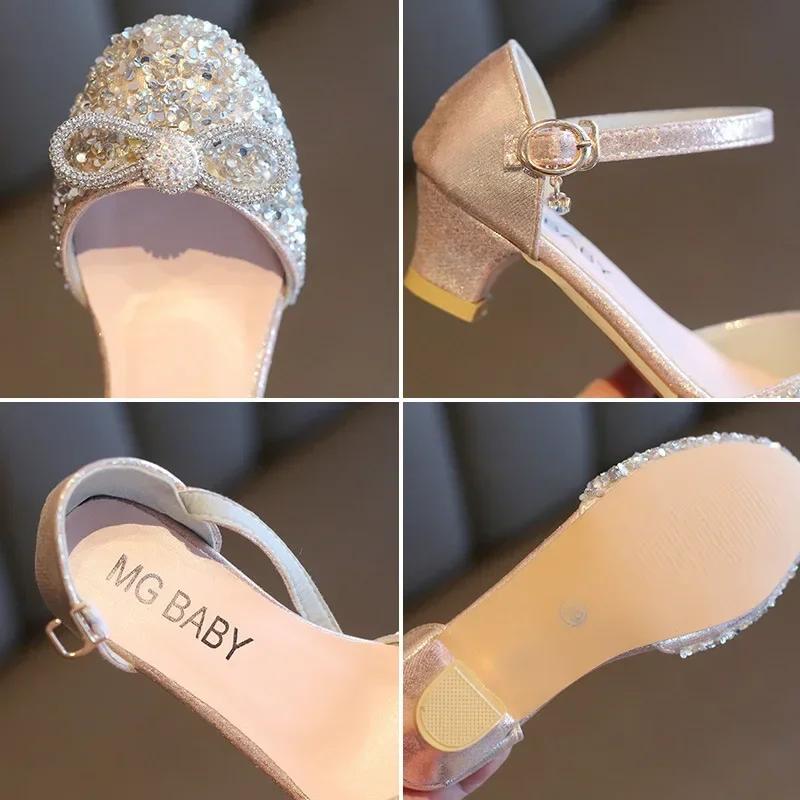 Girls High Heels for Kids Party Wedding Evening Dress Shoes Fashion Bow Diamond Crystal Shoes Princess Stockings Girl Sandals