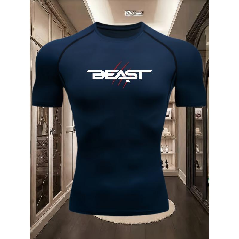 Men's Black Compression T-Shirt with "BEAST" Text Print, Elastic Quick Drying Breathable Gym Workout & Sports Training Top