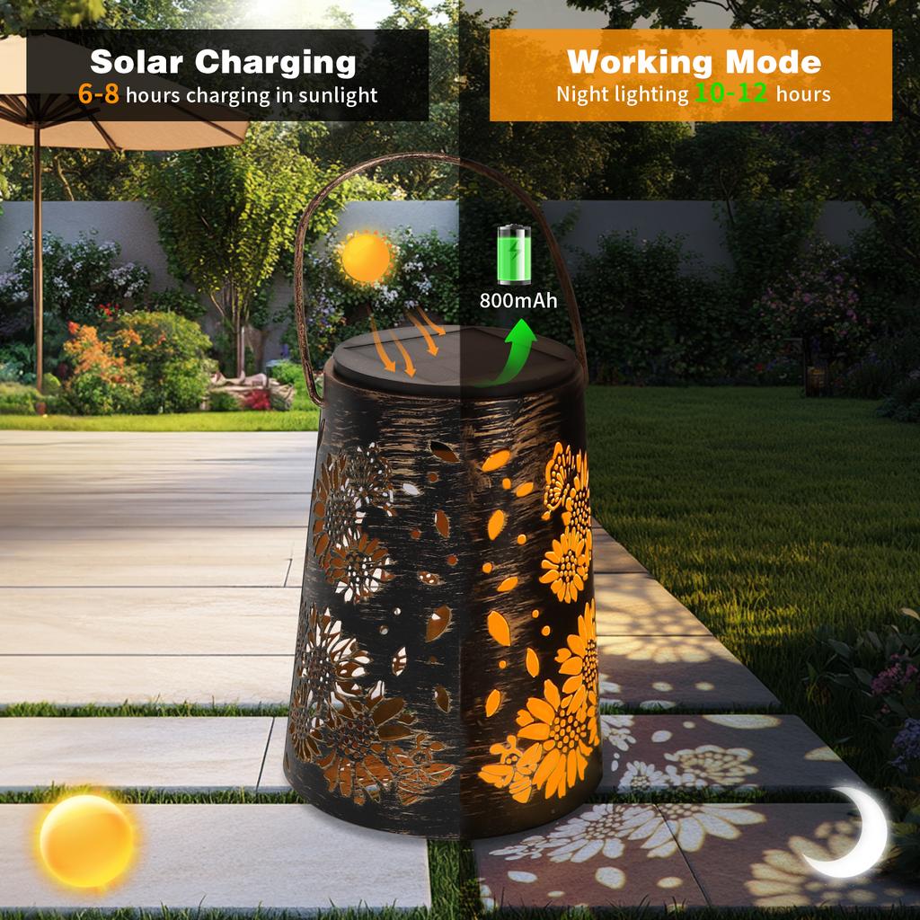High Quality Outdoor Solar Lantern Light IP65 Waterproof Modern Hollow Heart Flower Iron Black & Gold for Patio Yard Garden