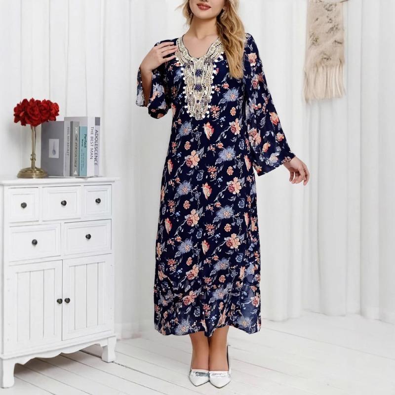 Long Sleeve Dress Print Loose Women's Dress Ethnic Lace Flared Sleeve Dress