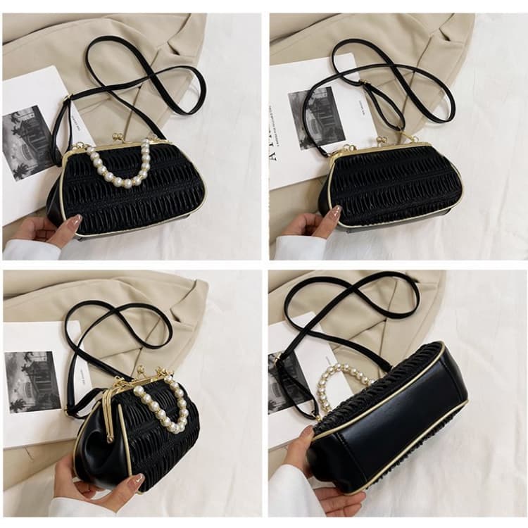 Folded mouth gold bag women's light luxury pearl handbag