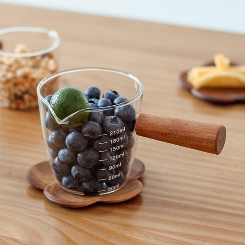 75ml/210ml Glass Measuring Cup with Wood Handle Espresso Measuring Cup Single/Double Mouth Milk Coffee Clear Mug Coffee Supplies