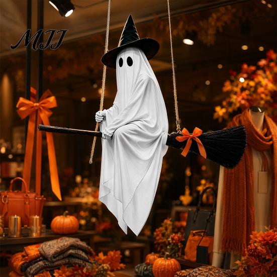 Outdoor Halloween Porch Decor Hanging Ghost Decoration with Witch Hat and Broom, Spooky Flying Wizard Ornament for Haunted House Tree Yard,