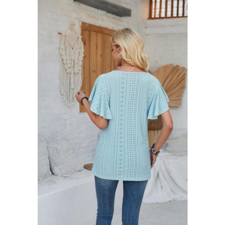 New Fashion Women's Lace V-neck Loose T-shirt Solid Color Ruffled Sleeves Spring Summer