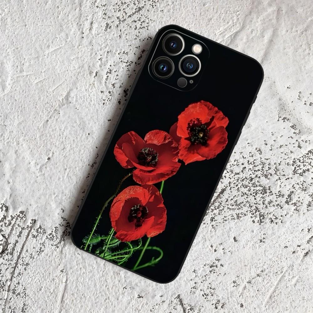 Poppy Flower Bloom Phone Case for Iphone 15 14 13 12 11 Pro Max Xr X Xs Mini 8 Plus SE 2022 Black Soft Silicone Cover
