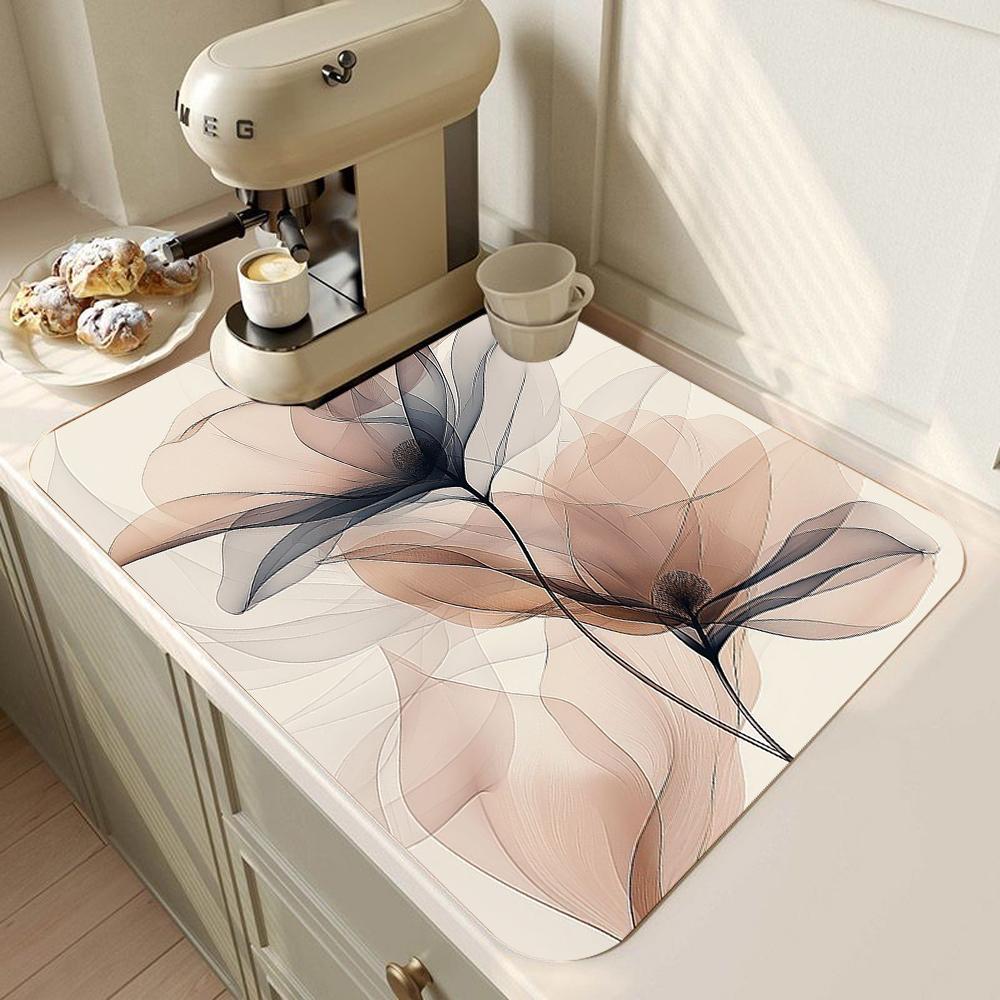 Dish Drying Mat Super Absorbent Drying Mat Coffee Mat with Non-slip for Kitchen Counter Decor Easy Clean Floral Pattern