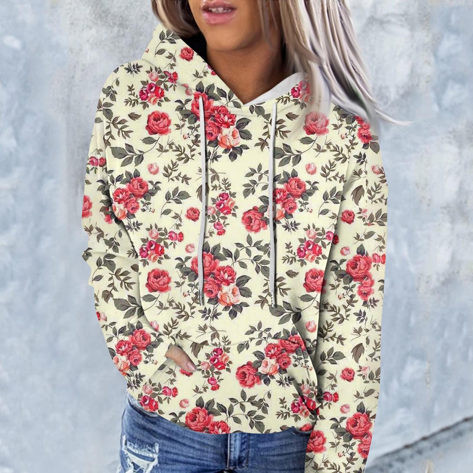 

Женская модная повседневная толстовка с капюшоном и цветочным принтом с длинным рукавом L горячий розовый