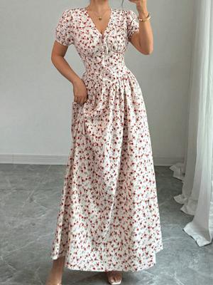 Summer Women's Printed Bohemian V-neck Waist Dress