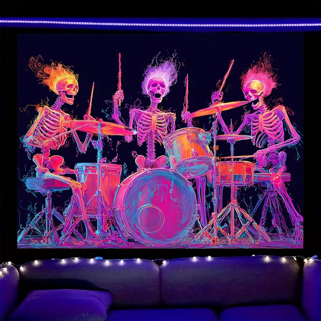 Nuxovilar UV Reactive Tapestry – Skull and Mushroom Scene Blacklight Wall Hanging, Enchanted Forest Glow Art for Bedroom and Living Room Decor,