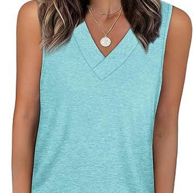 Summer European Style Women V-Neck Casual Loose Fit Solid Color Tank Sleeveless