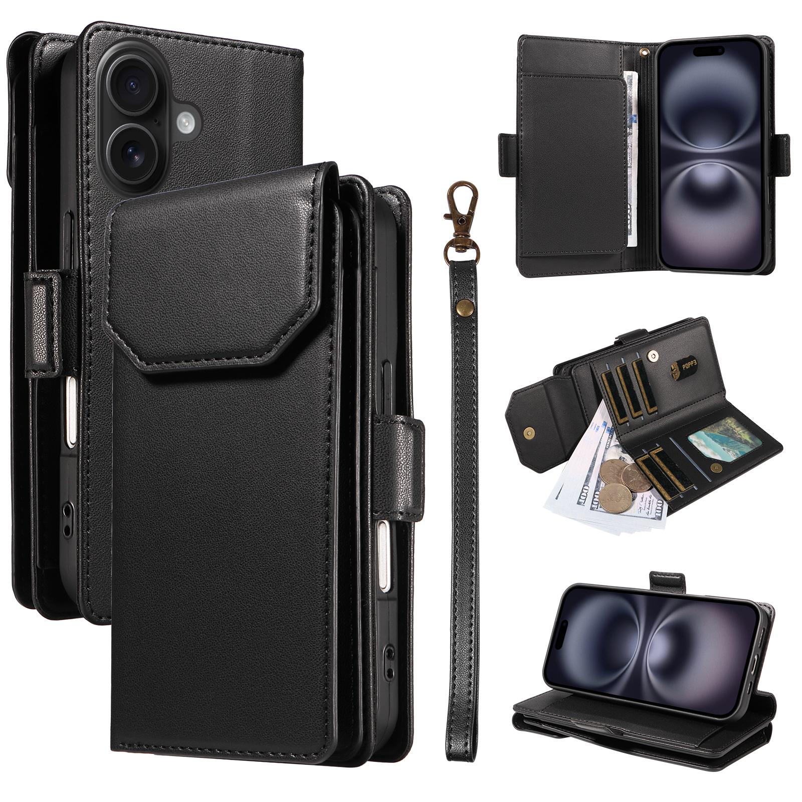 

For iPhone 16 Plus Case with Multi-Card Holder and Strap PU Leather Phone Cover Stand Black