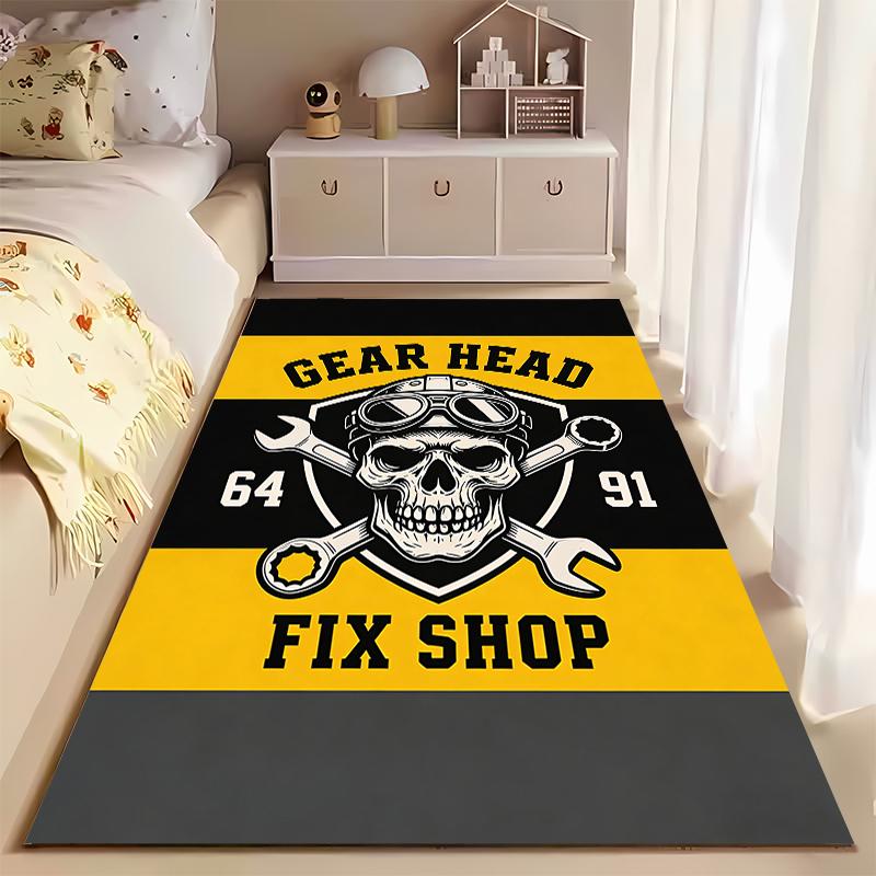 "Gear Head Skull Fix Shop Rug, Yellow Black Industrial Decor 64 91" Suitable for use as an anti-slip for living room bedroom sofas
