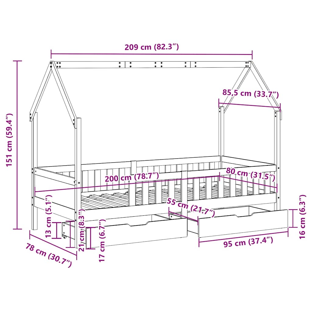 Kids  Bed with Drawers 80x200 cm Solid Pine Wood
