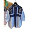 Women's Striped Short-sleeved Shirt Female Summer and Autumn Stitching Printed Retro Plus Size Loose Top