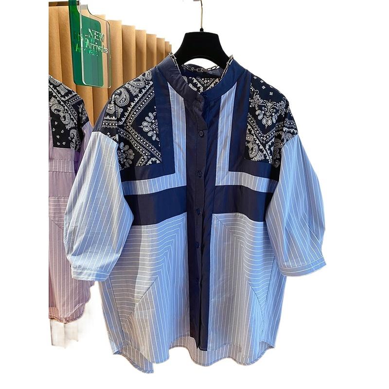 Women's Striped Short-sleeved Shirt Female Summer and Autumn Stitching Printed Retro Plus Size Loose Top