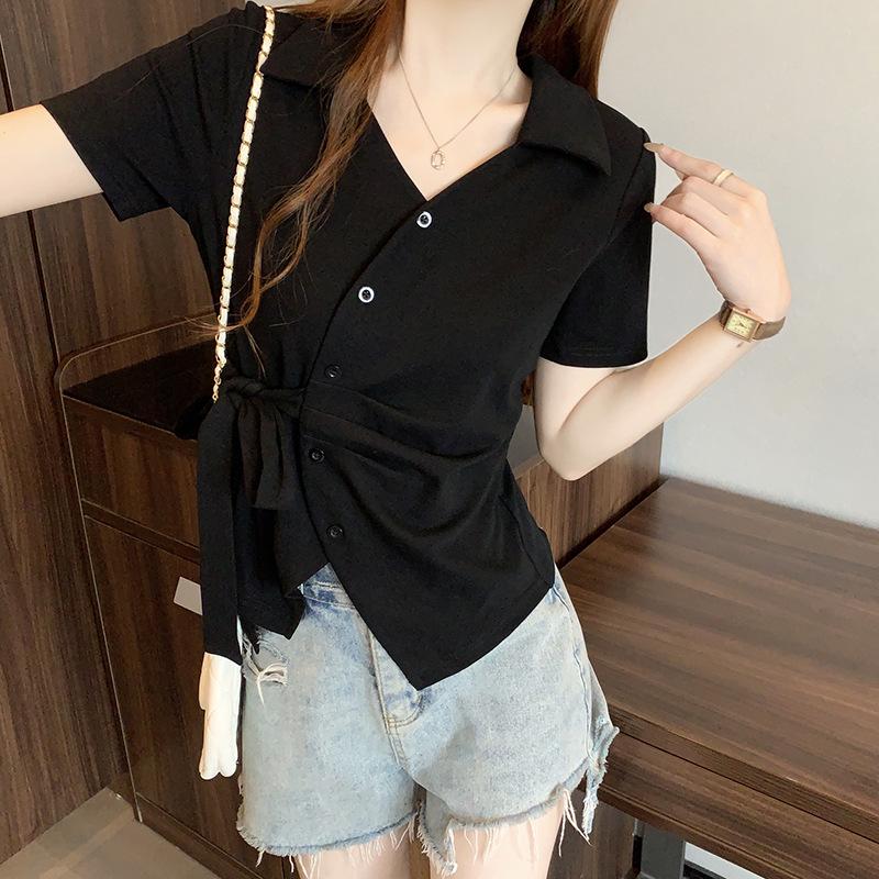 2026 Summer Plus Size Women s Chic Waist-Cinched Tie-Up Short Sleeve T-Shirt XL чёрный